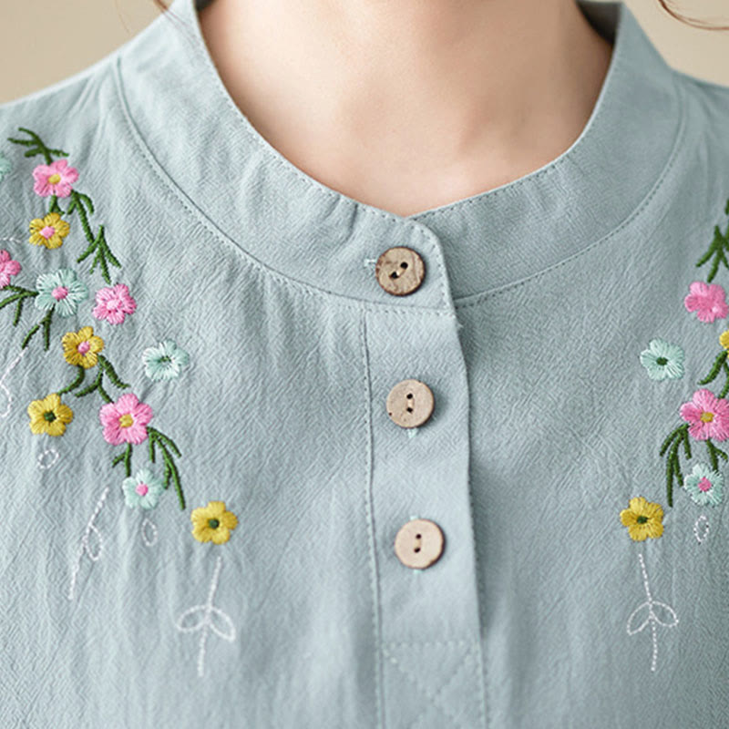 Nimara Ritual Women's Spring Embroidered Flower Pattern Stand Collar Long Sleeve Cotton Shirt
