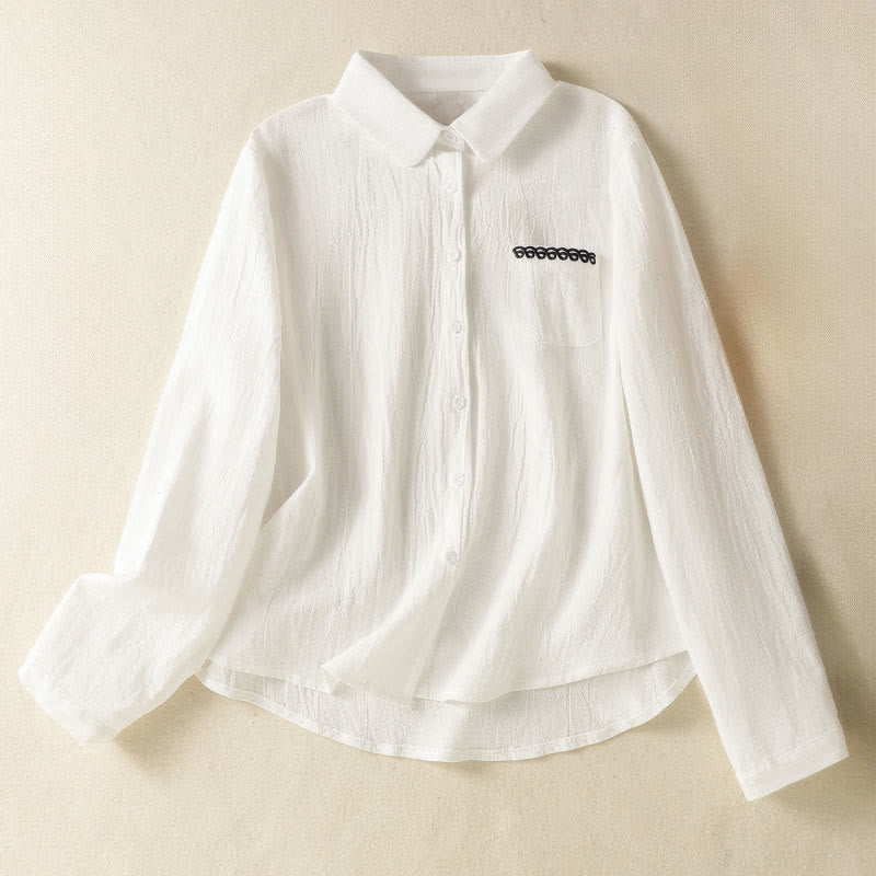 Nimara Ritual Women's Spring Retro Plain Simple Embroidery Design Long Sleeve Cotton Shirt With Pocket