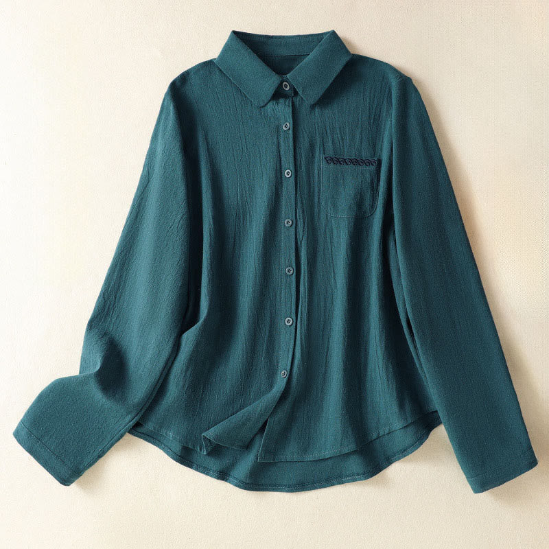 Nimara Ritual Women's Spring Retro Plain Simple Embroidery Design Long Sleeve Cotton Shirt With Pocket