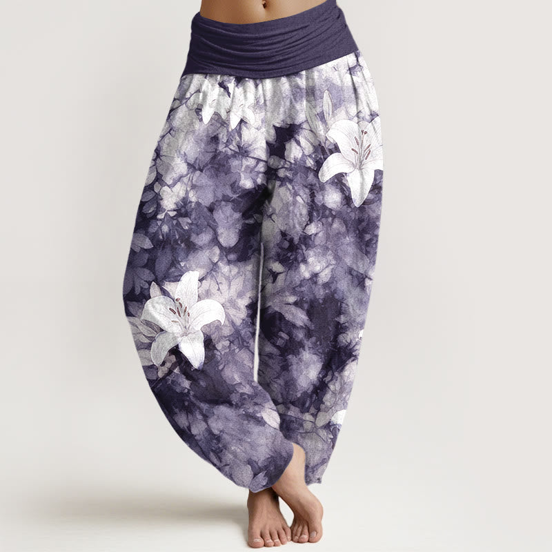 Nimara Ritual Pure Cotton Watercolor Style Lily Pattern Women's Elastic Waist Harem Pants