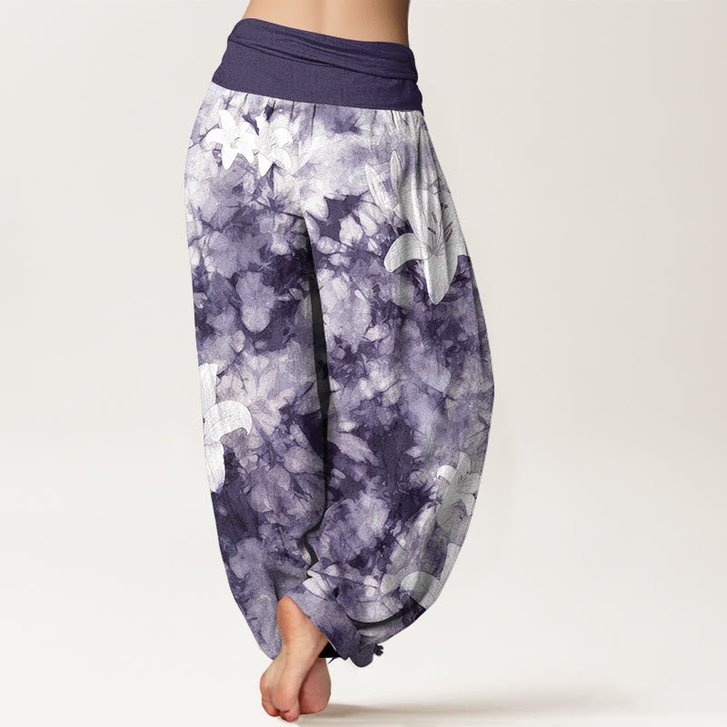 Nimara Ritual Pure Cotton Watercolor Style Lily Pattern Women's Elastic Waist Harem Pants