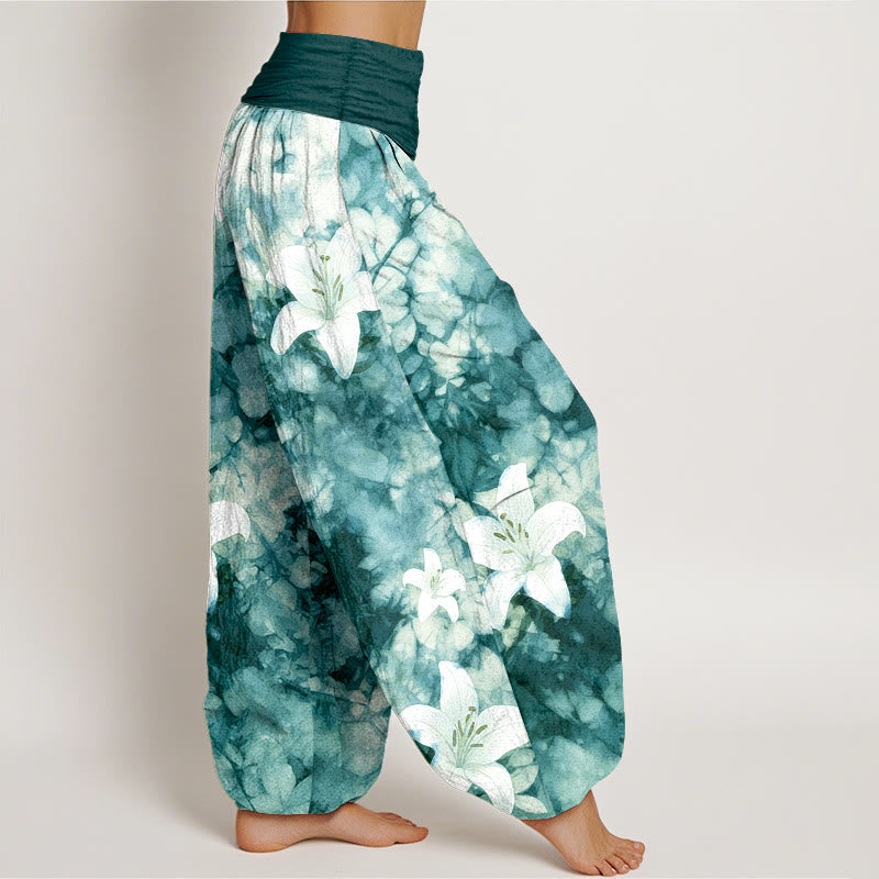 Nimara Ritual Pure Cotton Watercolor Style Lily Pattern Women's Elastic Waist Harem Pants