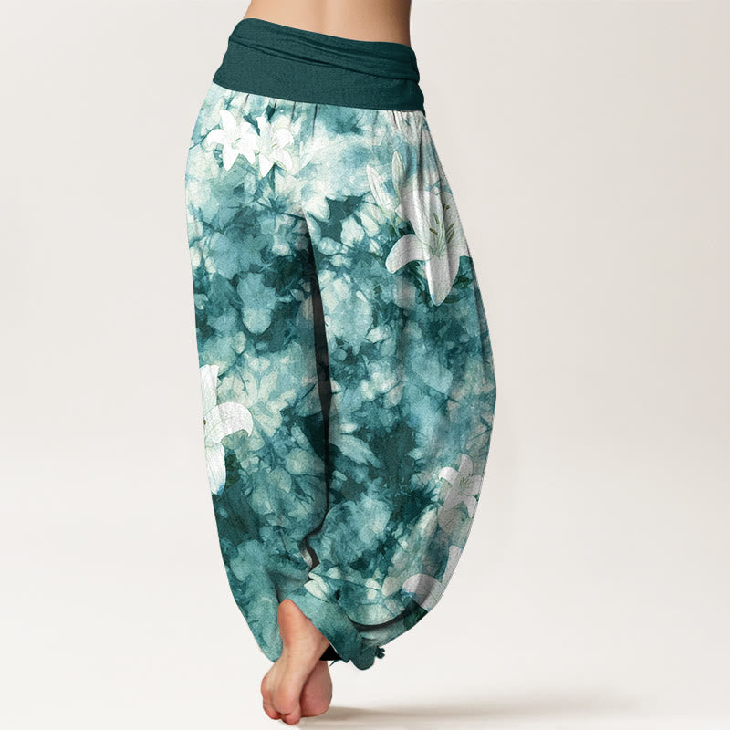 Nimara Ritual Pure Cotton Watercolor Style Lily Pattern Women's Elastic Waist Harem Pants