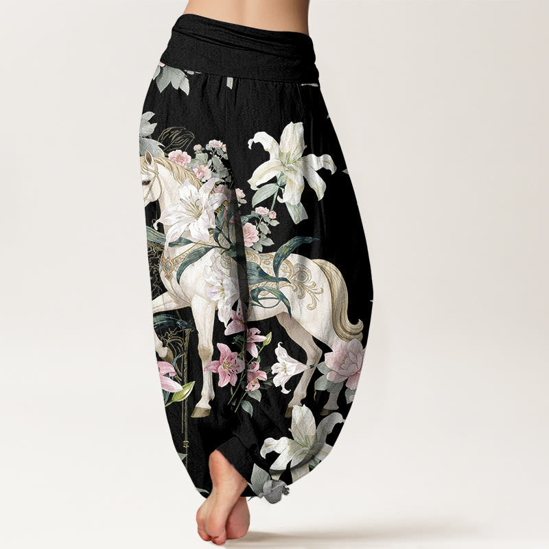 Nimara Ritual Pure Cotton Romantic Horse Lily Peony Pattern Women's Elastic Waist Harem Pants