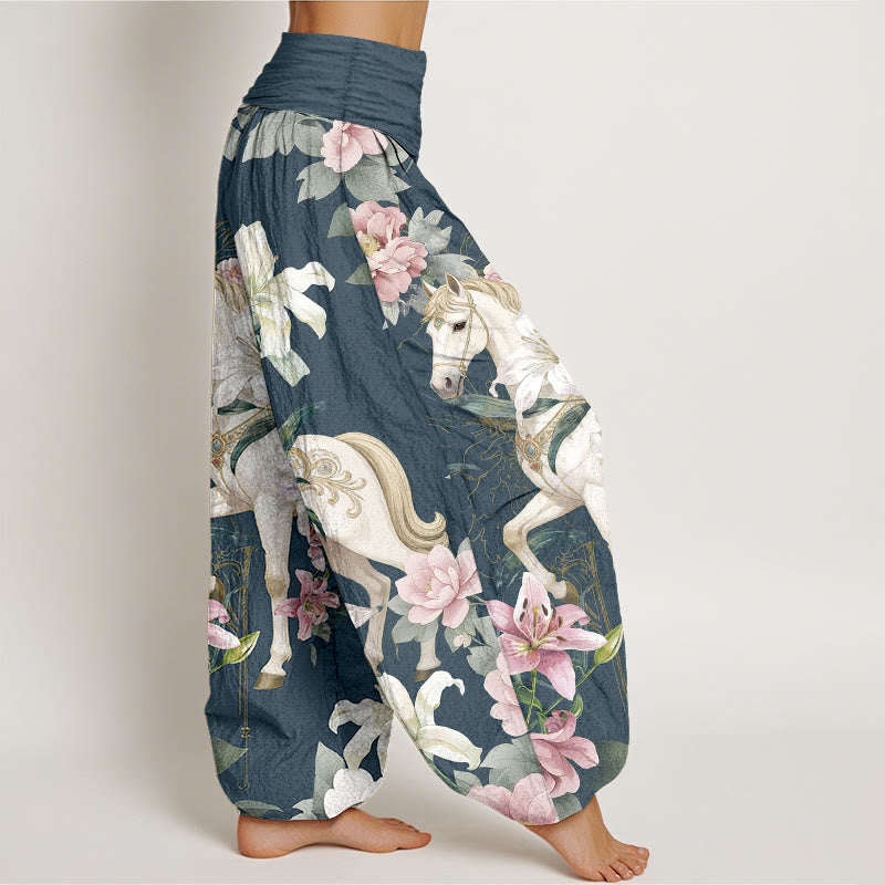Nimara Ritual Pure Cotton Romantic Horse Lily Peony Pattern Women's Elastic Waist Harem Pants