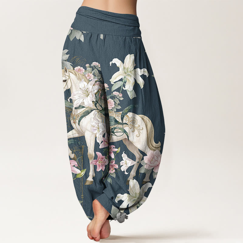 Nimara Ritual Pure Cotton Romantic Horse Lily Peony Pattern Women's Elastic Waist Harem Pants