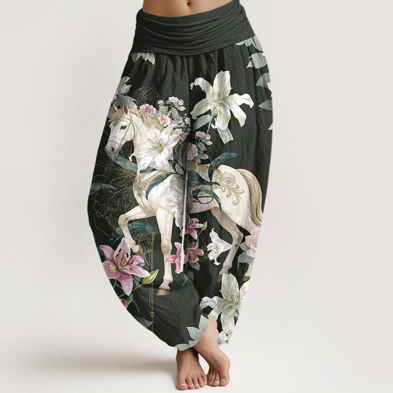 Nimara Ritual Pure Cotton Romantic Horse Lily Peony Pattern Women's Elastic Waist Harem Pants