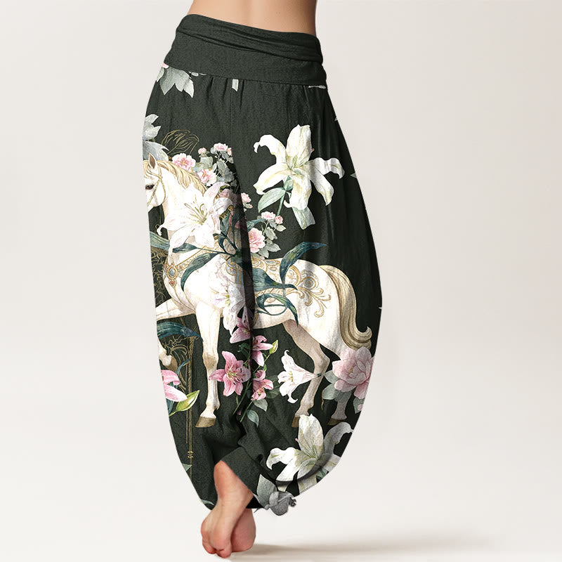 Nimara Ritual Pure Cotton Romantic Horse Lily Peony Pattern Women's Elastic Waist Harem Pants