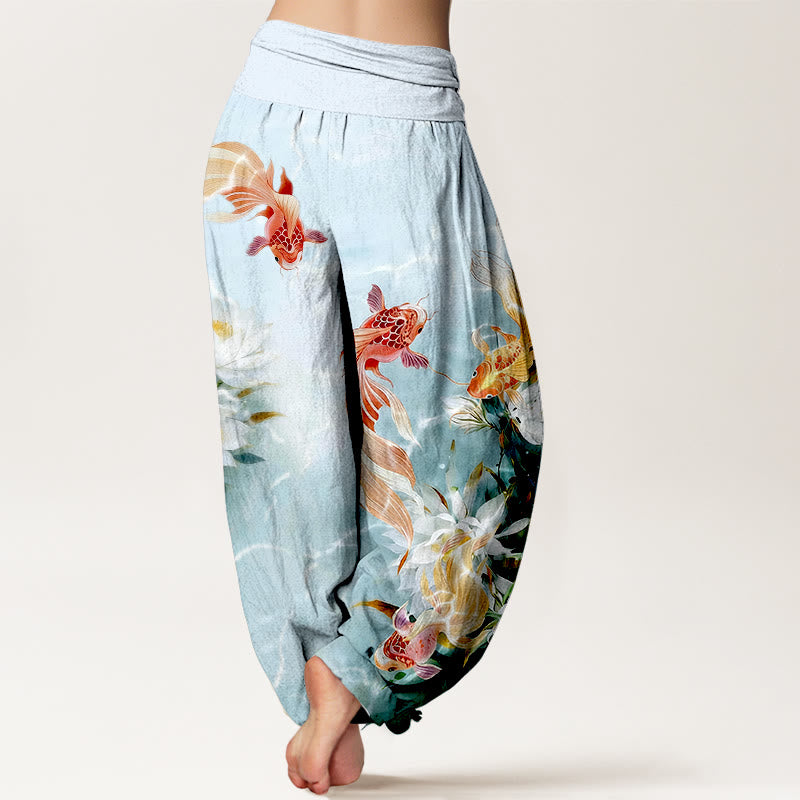 Nimara Ritual Pure Cotton Light-Colored Koi Fish Lotus Flower Pattern Women's Elastic Waist Harem Pants
