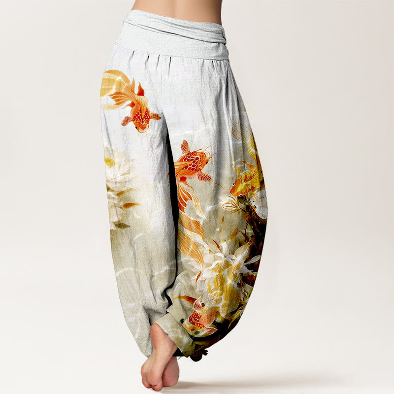 Nimara Ritual Pure Cotton Light-Colored Koi Fish Lotus Flower Pattern Women's Elastic Waist Harem Pants