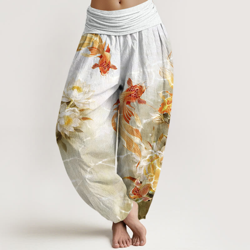 Nimara Ritual Pure Cotton Light-Colored Koi Fish Lotus Flower Pattern Women's Elastic Waist Harem Pants