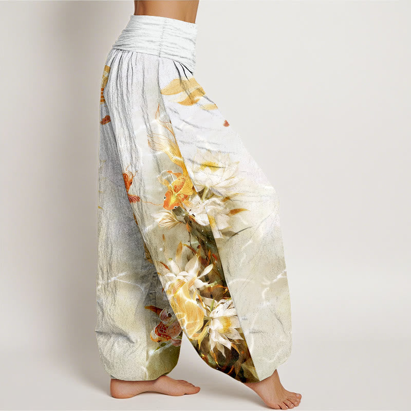 Nimara Ritual Pure Cotton Light-Colored Koi Fish Lotus Flower Pattern Women's Elastic Waist Harem Pants