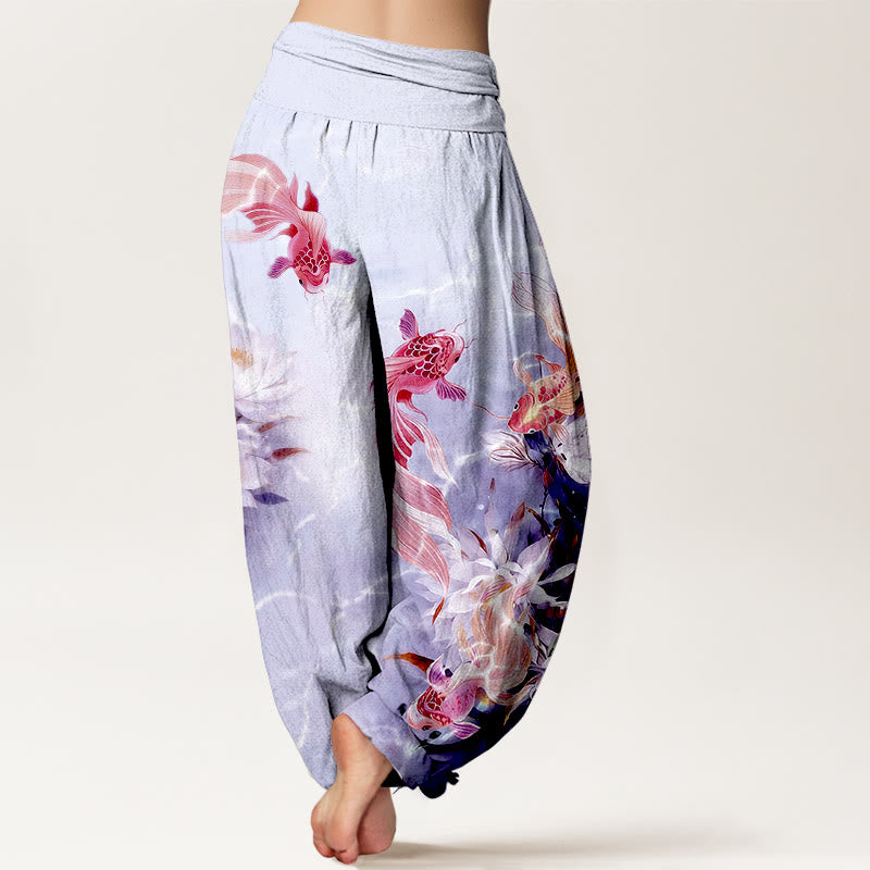 Nimara Ritual Pure Cotton Light-Colored Koi Fish Lotus Flower Pattern Women's Elastic Waist Harem Pants