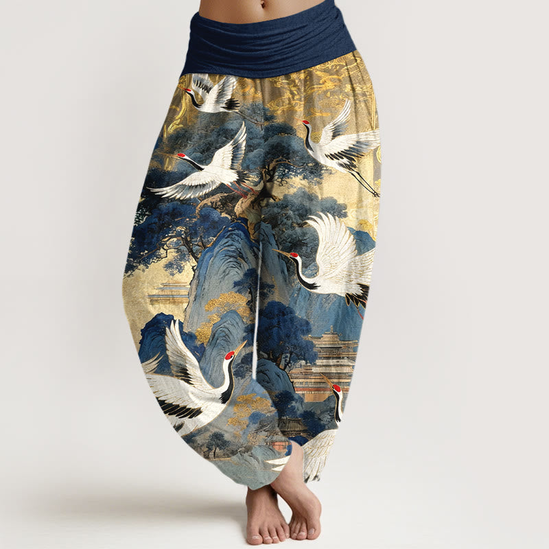 Nimara Ritual Pure Cotton Gorgeous Crane Mountain Pine Tree Pattern Women's Elastic Waist Harem Pants