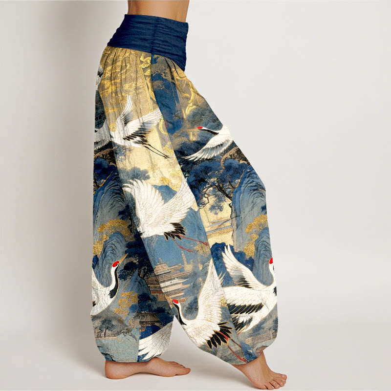 Nimara Ritual Pure Cotton Gorgeous Crane Mountain Pine Tree Pattern Women's Elastic Waist Harem Pants