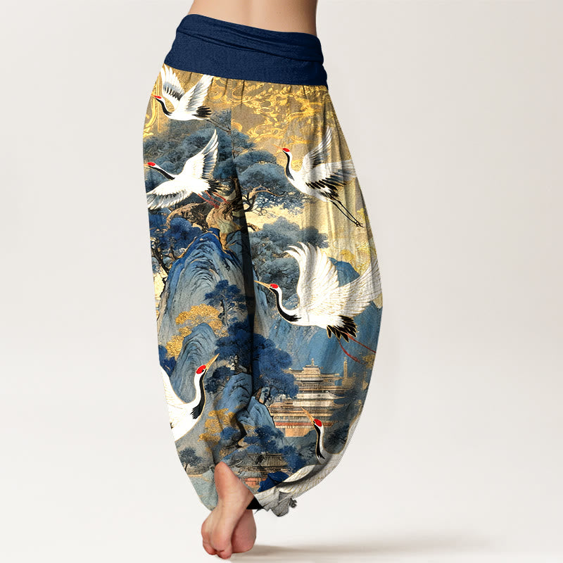 Nimara Ritual Pure Cotton Gorgeous Crane Mountain Pine Tree Pattern Women's Elastic Waist Harem Pants