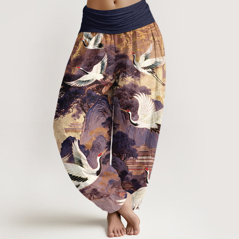 Nimara Ritual Pure Cotton Gorgeous Crane Mountain Pine Tree Pattern Women's Elastic Waist Harem Pants