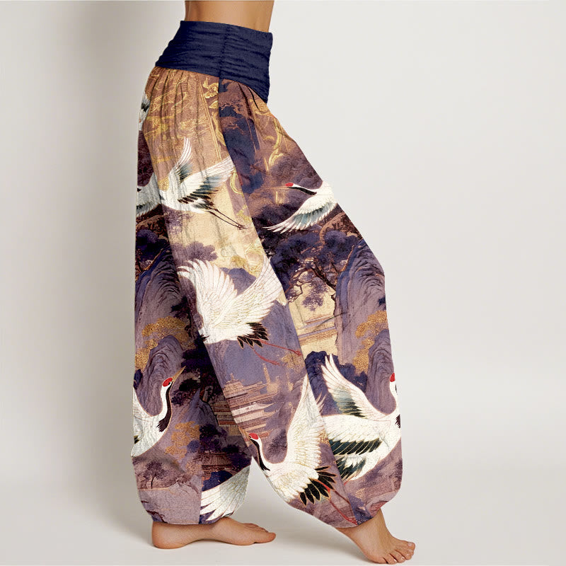 Nimara Ritual Pure Cotton Gorgeous Crane Mountain Pine Tree Pattern Women's Elastic Waist Harem Pants