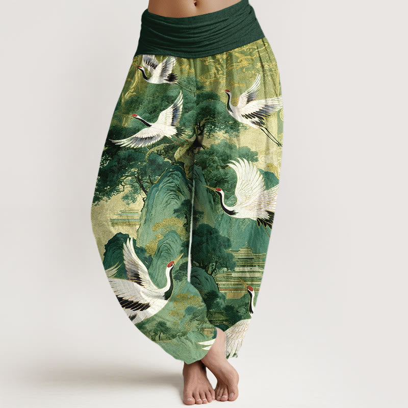 Nimara Ritual Pure Cotton Gorgeous Crane Mountain Pine Tree Pattern Women's Elastic Waist Harem Pants