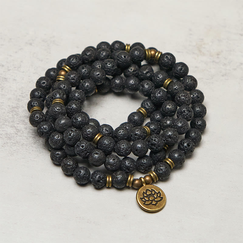 Nimara Ritual Retro Lotus Symbol Charm Lava Rock Bead Healing New Beginning Mala