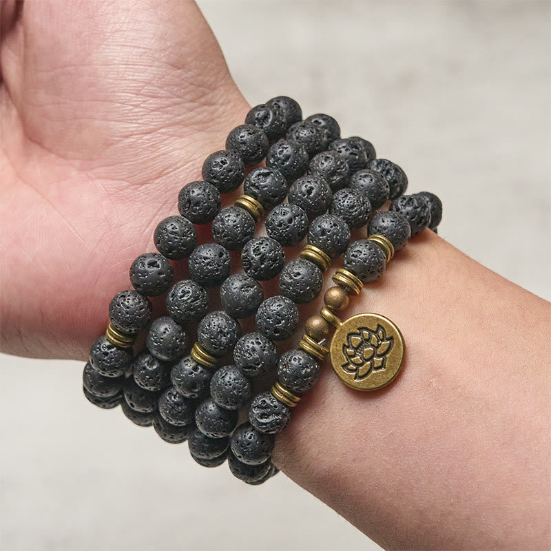 Nimara Ritual Retro Lotus Symbol Charm Lava Rock Bead Healing New Beginning Mala