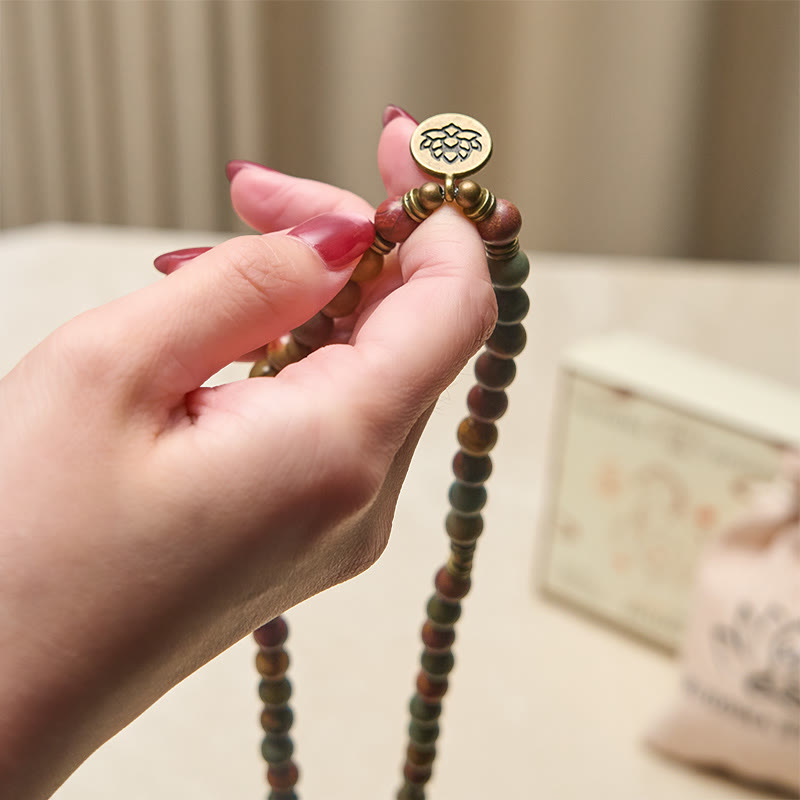 Nimara Ritual Retro Lotus Symbol Charm Round Bead Red Turquoise Warm Mala