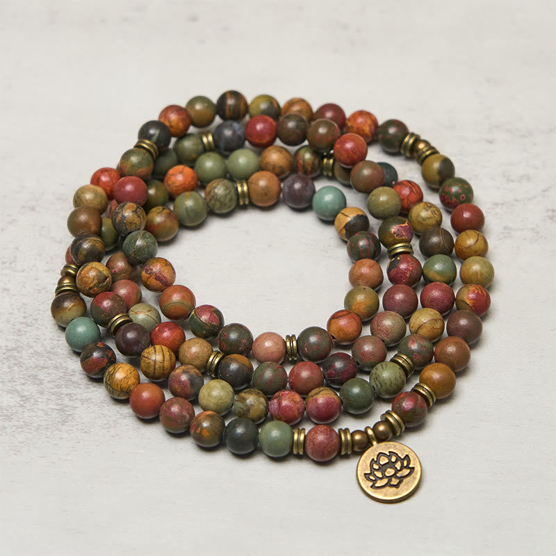Nimara Ritual Retro Lotus Symbol Charm Round Bead Red Turquoise Warm Mala