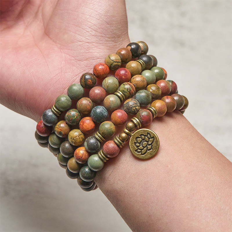 Nimara Ritual Retro Lotus Symbol Charm Round Bead Red Turquoise Warm Mala
