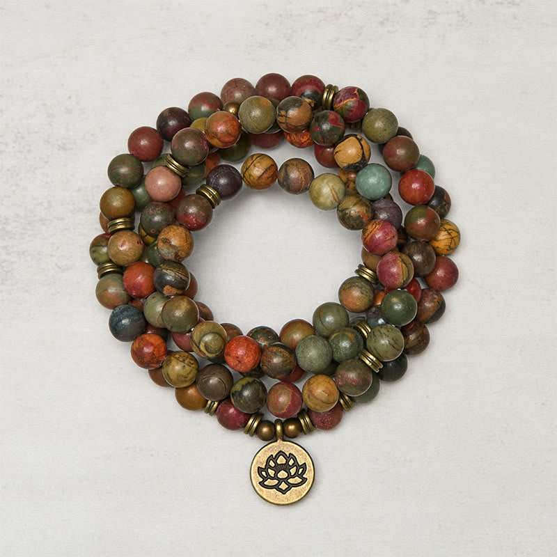 Nimara Ritual Retro Lotus Symbol Charm Round Bead Red Turquoise Warm Mala