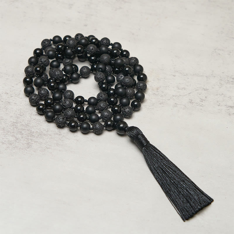 Nimara Ritual 8mm Beads Black Onyx Lava Rock Tassel Protection Fortune Mala