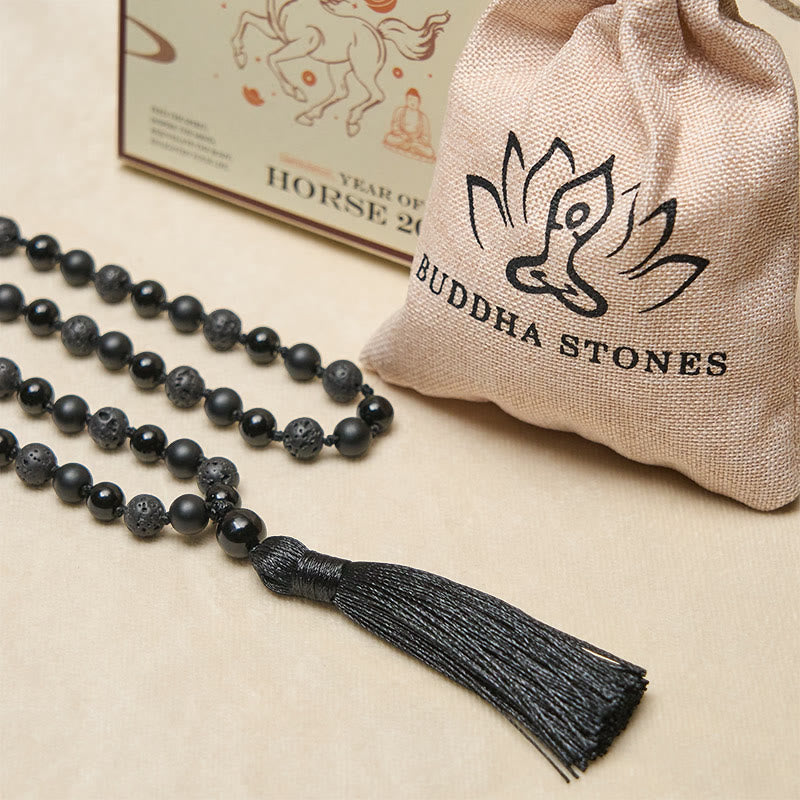 Nimara Ritual 8mm Beads Black Onyx Lava Rock Tassel Protection Fortune Mala