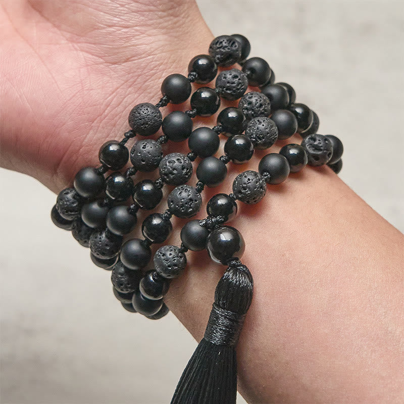 Nimara Ritual 8mm Beads Black Onyx Lava Rock Tassel Protection Fortune Mala