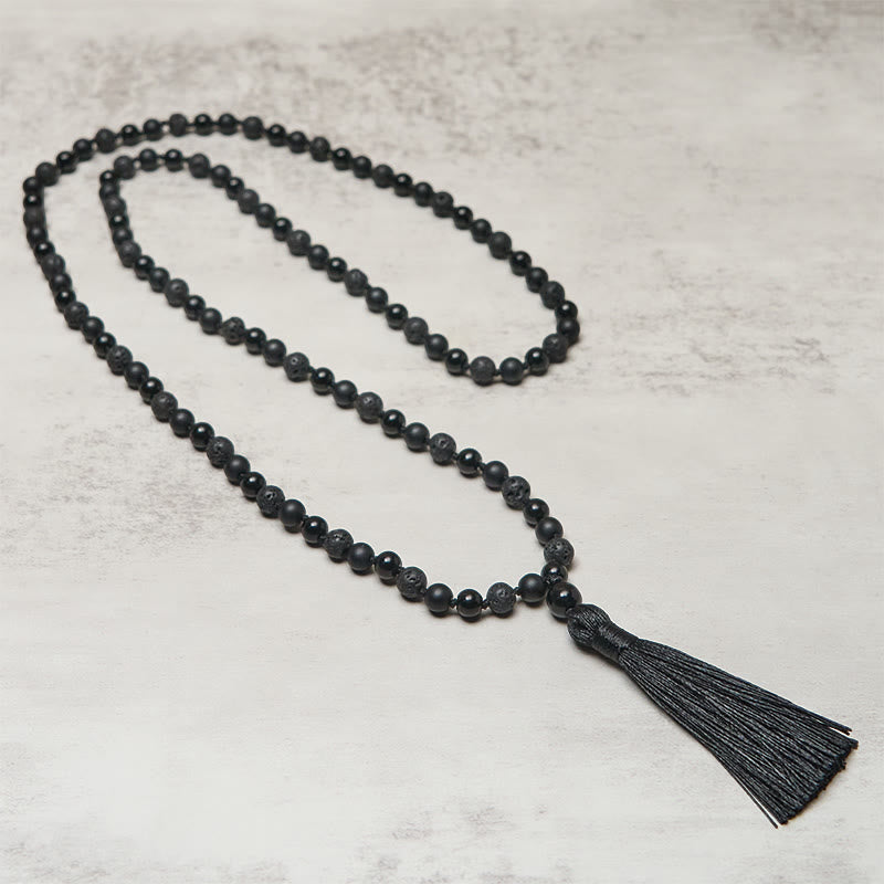 Nimara Ritual 8mm Beads Black Onyx Lava Rock Tassel Protection Fortune Mala