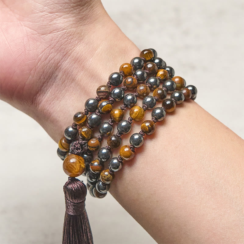 Nimara Ritual 108 Beads Tiger Eye Hematite Tassel Courage Strength Mala