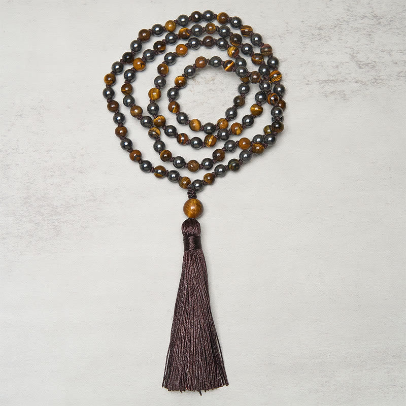 Nimara Ritual 108 Beads Tiger Eye Hematite Tassel Courage Strength Mala