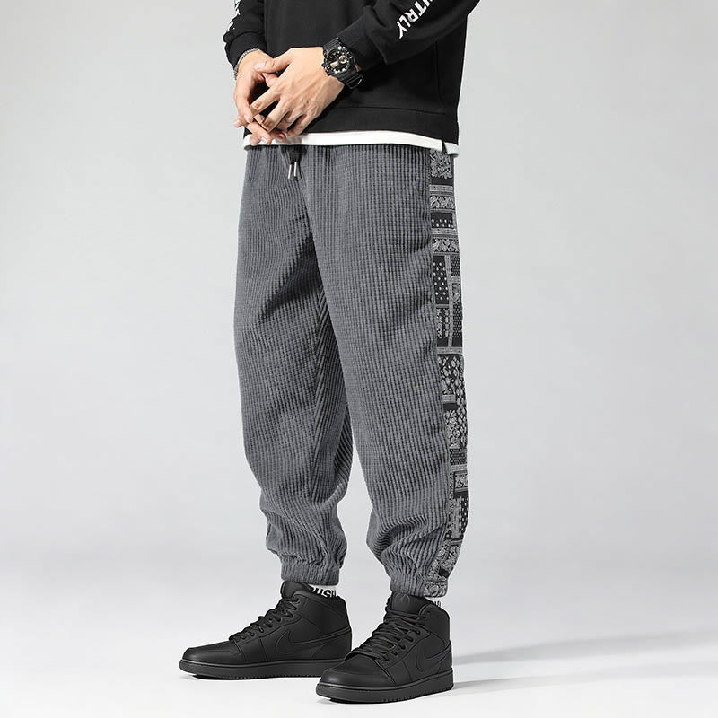 Nimara Ritual Fall Solid Drawstring Side Paisley Pattern Straight Leg Ankle-length Corduroy Men's Pants With Pockets