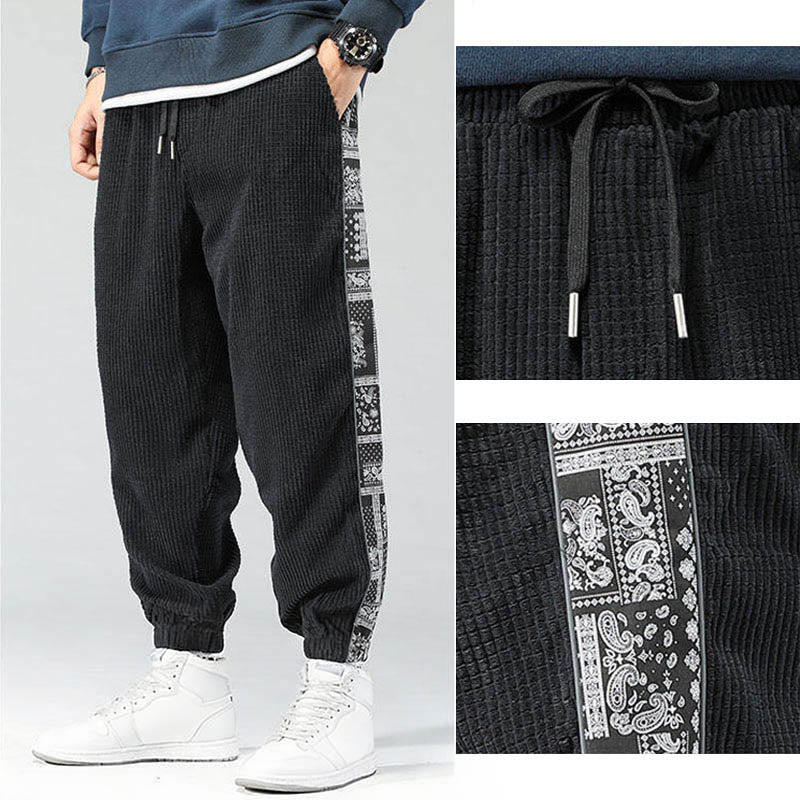 Nimara Ritual Fall Solid Drawstring Side Paisley Pattern Straight Leg Ankle-length Corduroy Men's Pants With Pockets