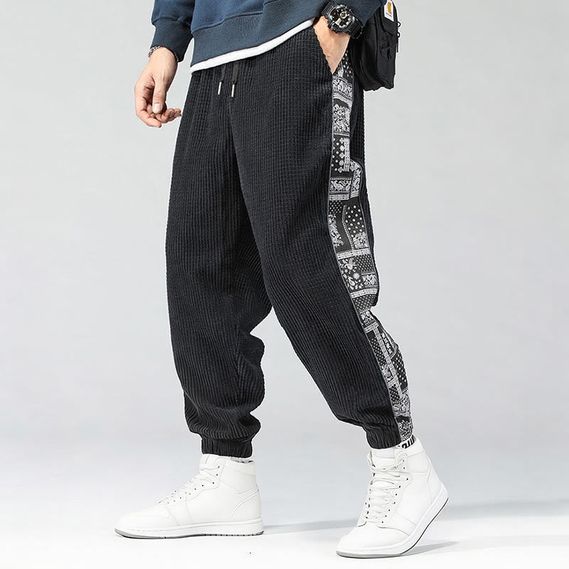 Nimara Ritual Fall Solid Drawstring Side Paisley Pattern Straight Leg Ankle-length Corduroy Men's Pants With Pockets
