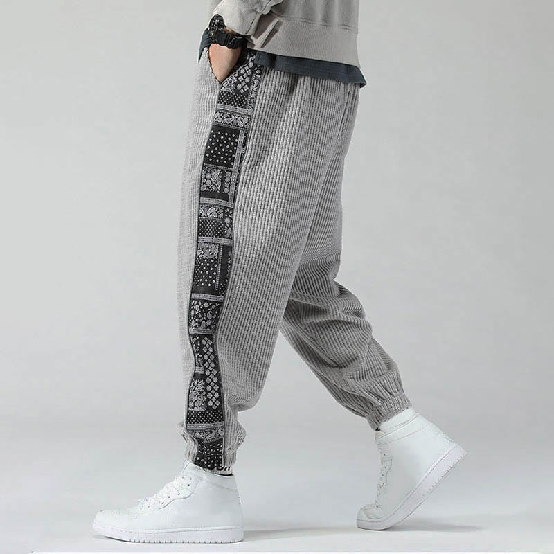 Nimara Ritual Fall Solid Drawstring Side Paisley Pattern Straight Leg Ankle-length Corduroy Men's Pants With Pockets