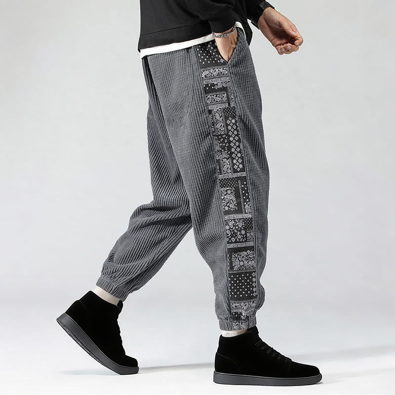 Nimara Ritual Fall Solid Drawstring Side Paisley Pattern Straight Leg Ankle-length Corduroy Men's Pants With Pockets