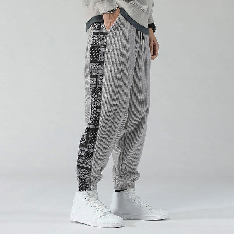 Nimara Ritual Fall Solid Drawstring Side Paisley Pattern Straight Leg Ankle-length Corduroy Men's Pants With Pockets