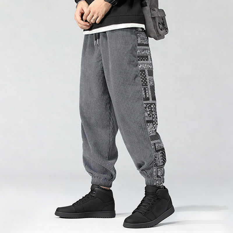 Nimara Ritual Fall Solid Drawstring Side Paisley Pattern Straight Leg Ankle-length Corduroy Men's Pants With Pockets