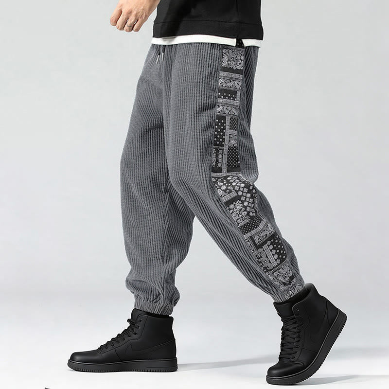 Nimara Ritual Fall Solid Drawstring Side Paisley Pattern Straight Leg Ankle-length Corduroy Men's Pants With Pockets