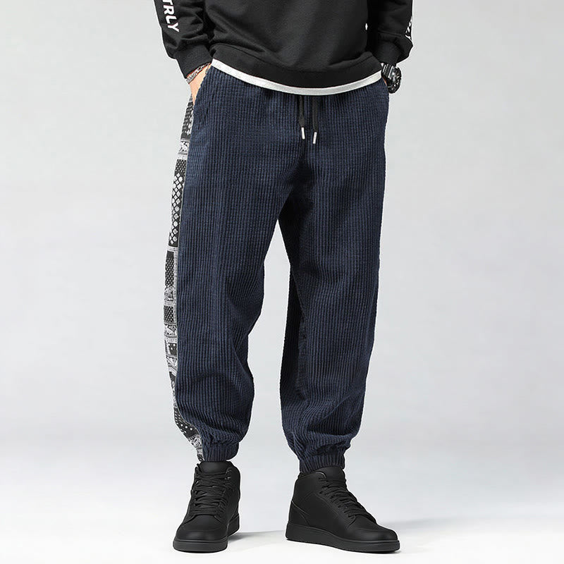 Nimara Ritual Fall Solid Drawstring Side Paisley Pattern Straight Leg Ankle-length Corduroy Men's Pants With Pockets