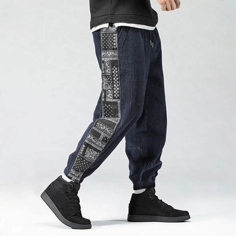 Nimara Ritual Fall Solid Drawstring Side Paisley Pattern Straight Leg Ankle-length Corduroy Men's Pants With Pockets