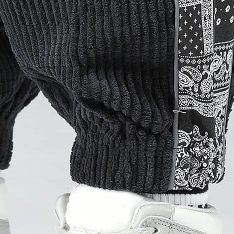 Nimara Ritual Fall Solid Drawstring Side Paisley Pattern Straight Leg Ankle-length Corduroy Men's Pants With Pockets