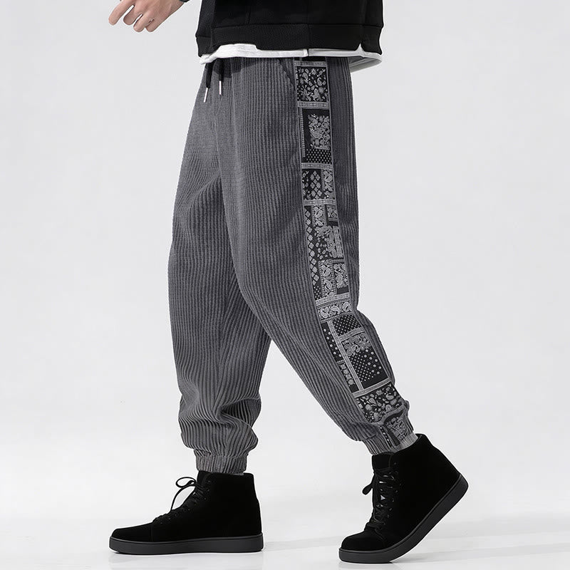 Nimara Ritual Fall Solid Drawstring Side Paisley Pattern Straight Leg Ankle-length Corduroy Men's Pants With Pockets