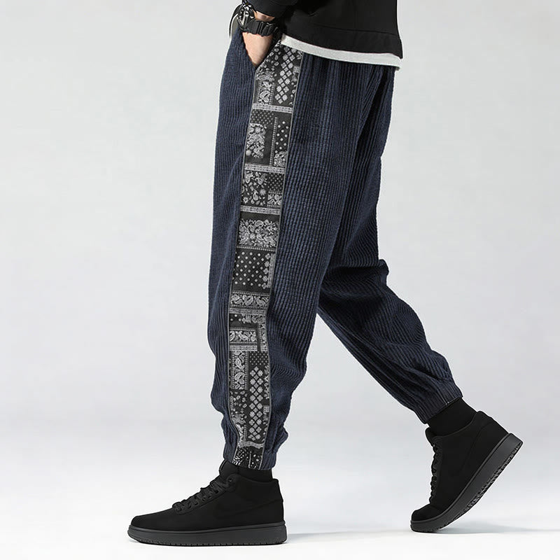 Nimara Ritual Fall Solid Drawstring Side Paisley Pattern Straight Leg Ankle-length Corduroy Men's Pants With Pockets