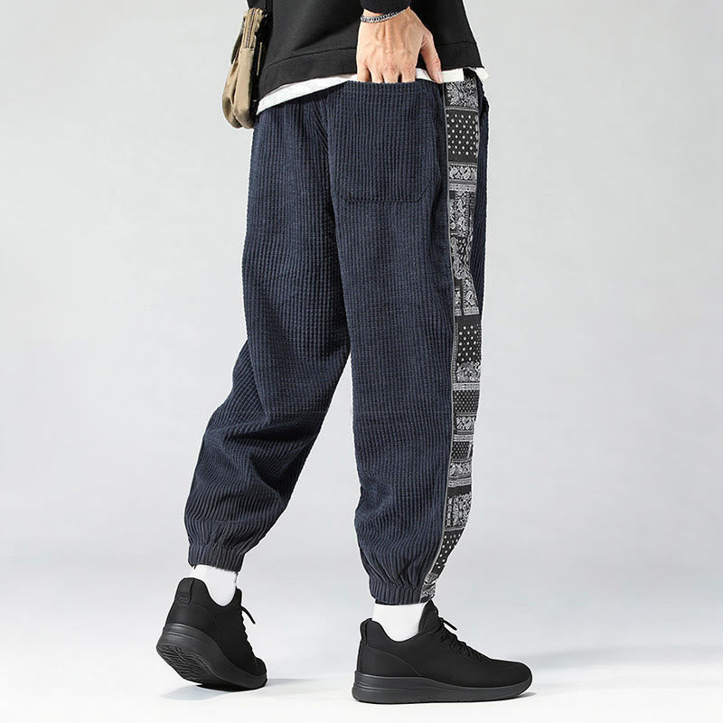 Nimara Ritual Fall Solid Drawstring Side Paisley Pattern Straight Leg Ankle-length Corduroy Men's Pants With Pockets