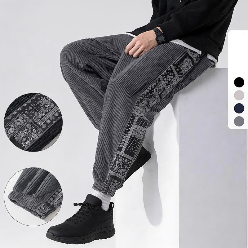 Nimara Ritual Fall Solid Drawstring Side Paisley Pattern Straight Leg Ankle-length Corduroy Men's Pants With Pockets